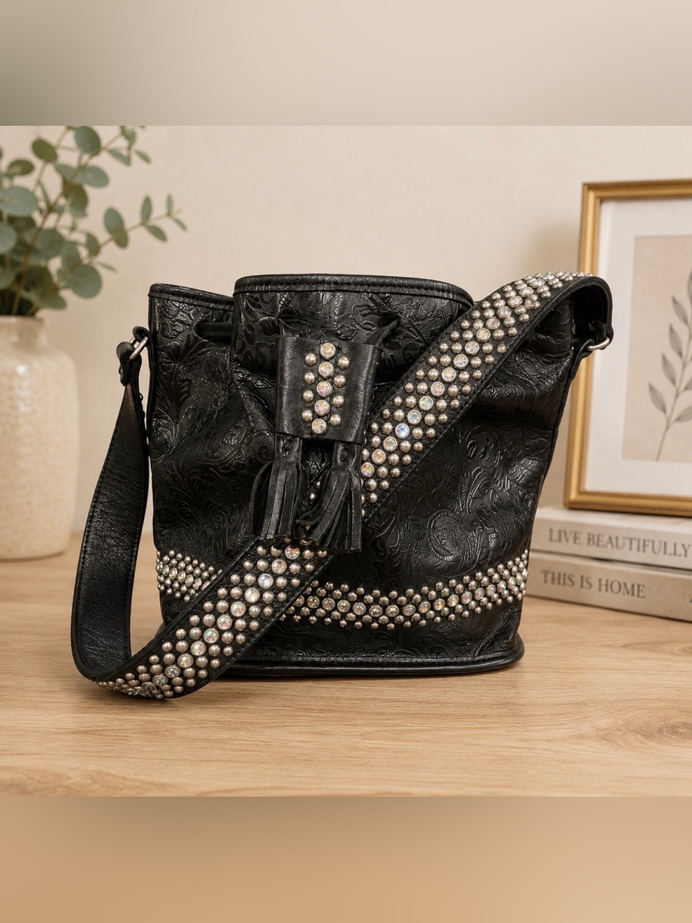 Raviani black leather bucket shoulder bag with Rhinestones